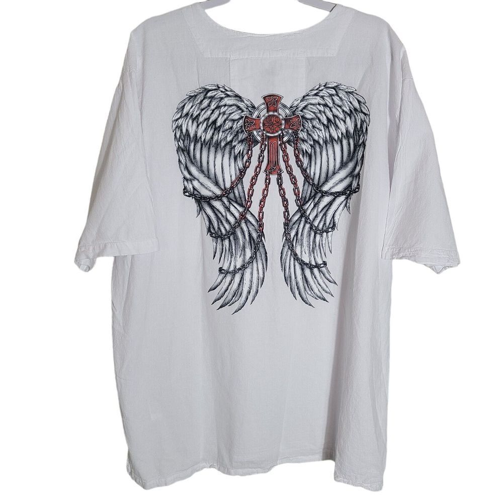 Blanco Men's size XXXL Peru Lace Up Angel Wing graphic print Cotton Shirt Top